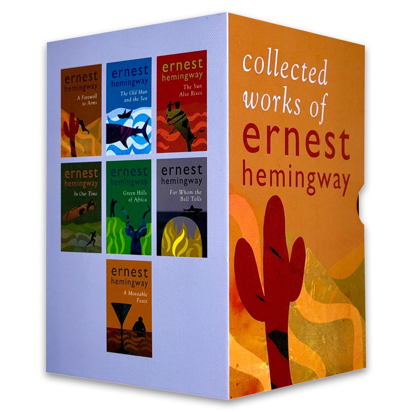 All seven Ernest Hemingway hardcover books fanned out, showing individual spines and cover designs