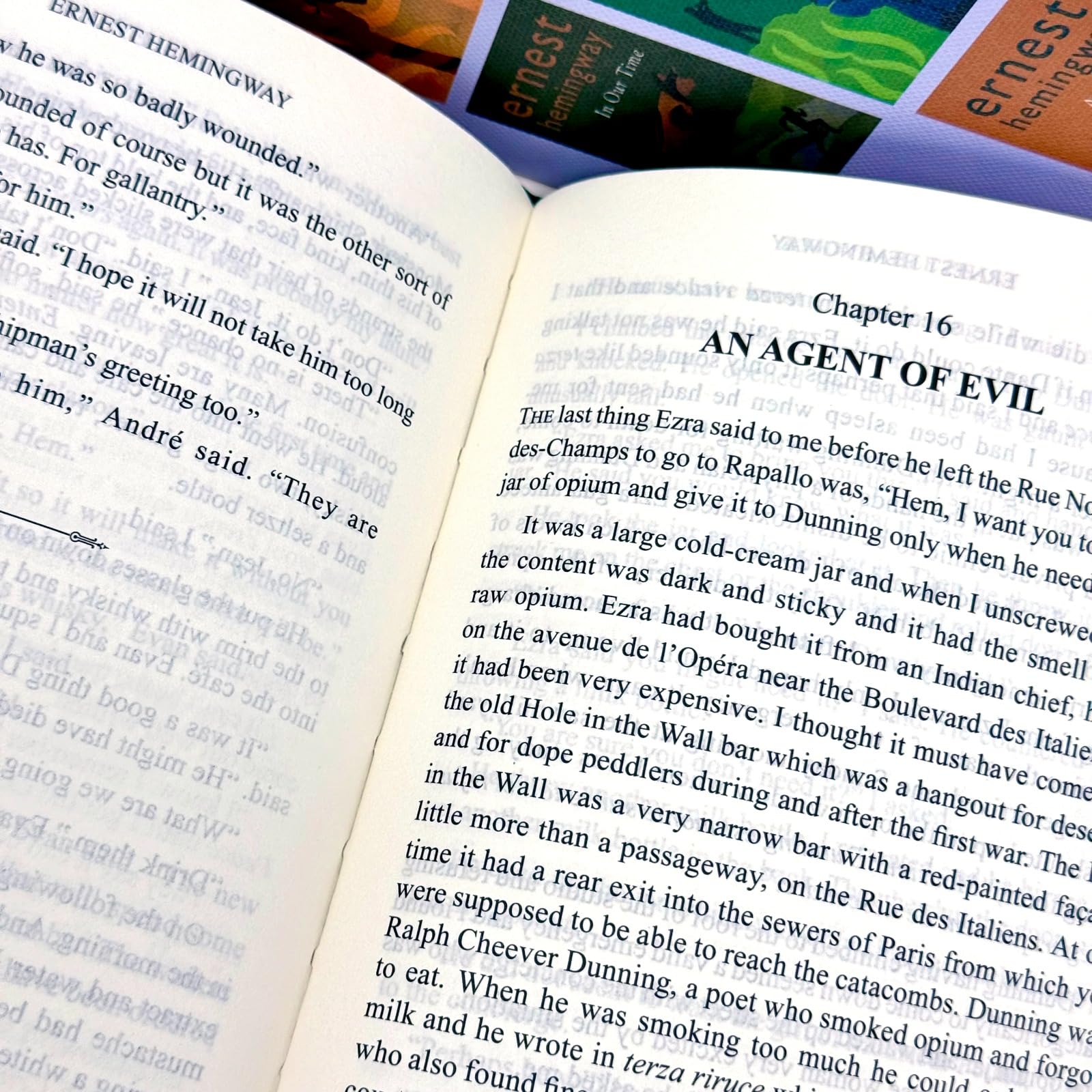 Close-up of an inside page spread from one of the Ernest Hemingway hardcover novels in the set