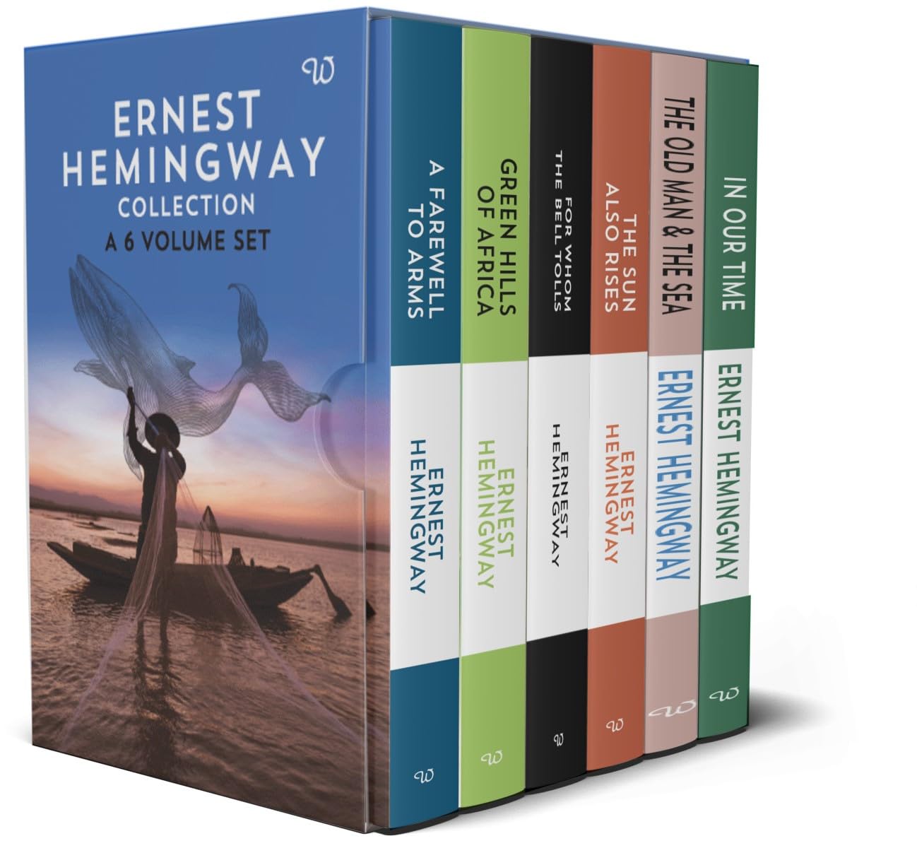 Close-up of the Ernest Hemingway Collection paperback spines, showing titles and author name.