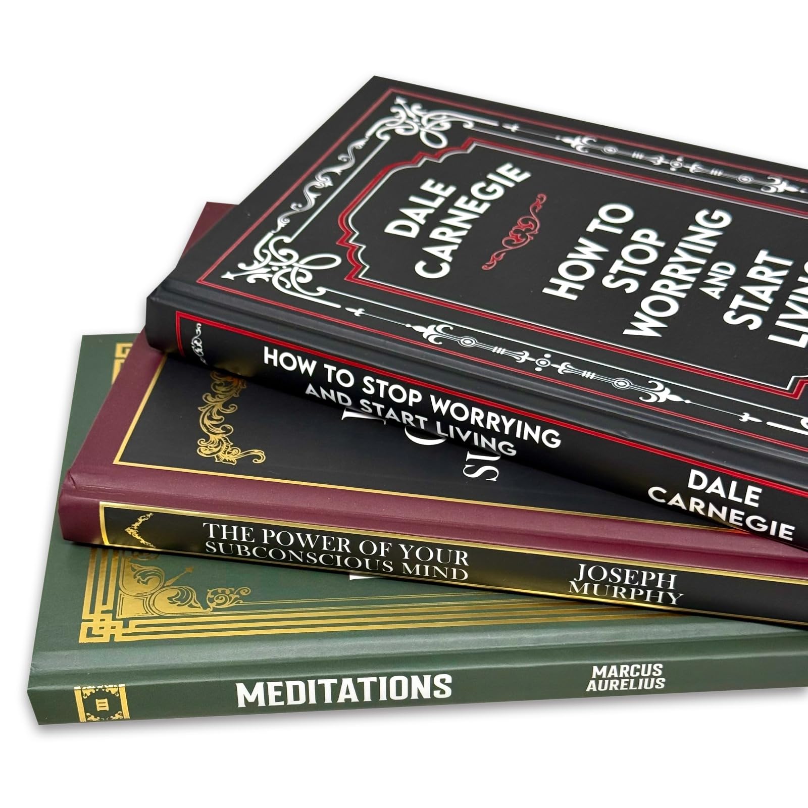 Meditations by Marcus Aurelius hardcover book cover, the Stoic philosophy title included in the 3-book collection set