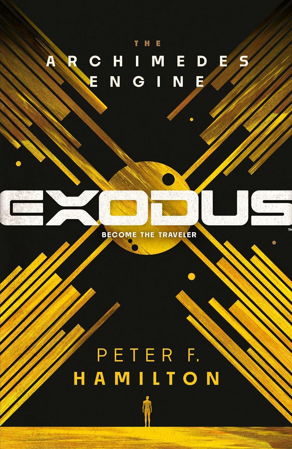 Close-up of the Exodus: The Archimedes Engine paperback front cover by Peter F. Hamilton
