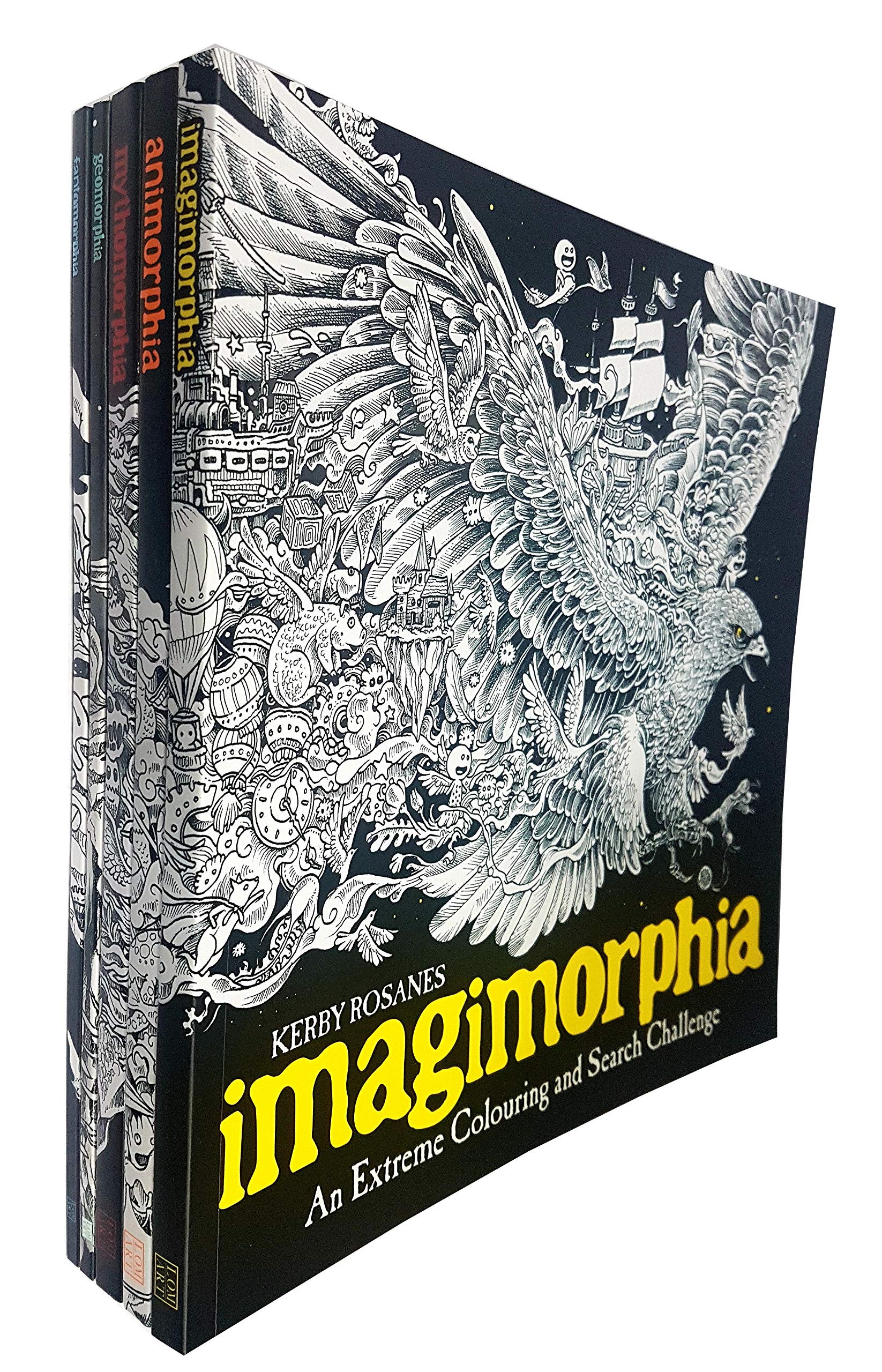 The 5 paperback books of the Kerby Rosanes Extreme Colouring and Search Challenge collection fanned out, highlighting the intricate doodle-style artwork on each cover.