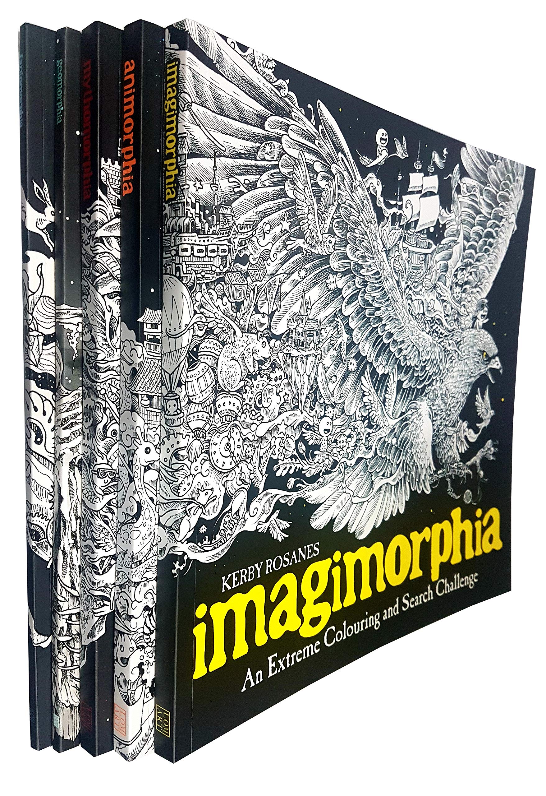 Front cover display of the Extreme Colouring and Search Challenge 5-book paperback set by Kerby Rosanes, showing all five intricately illustrated covers.