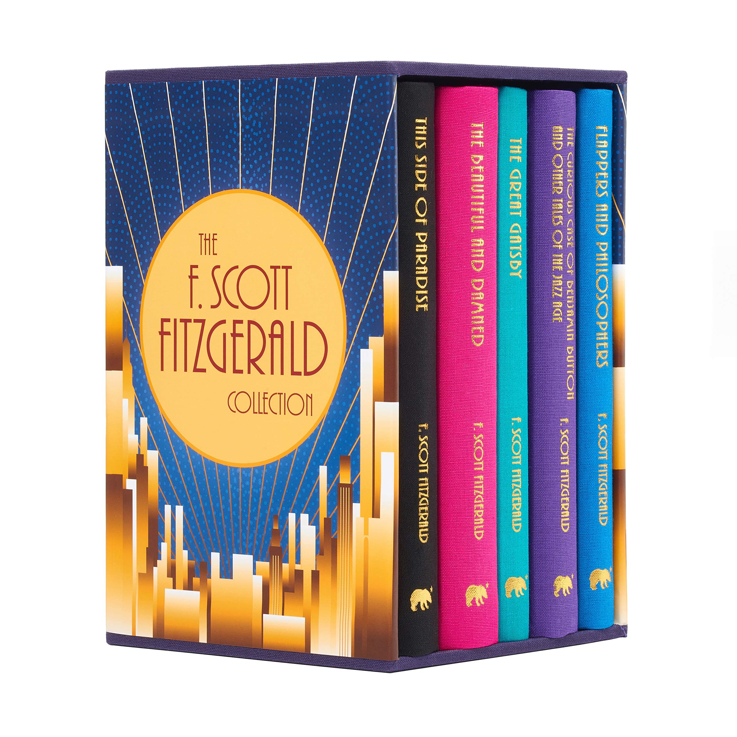 The F. Scott Fitzgerald Collection 5-book hardcover boxed set with clothbound covers and gold-foil stamping, including The Great Gatsby