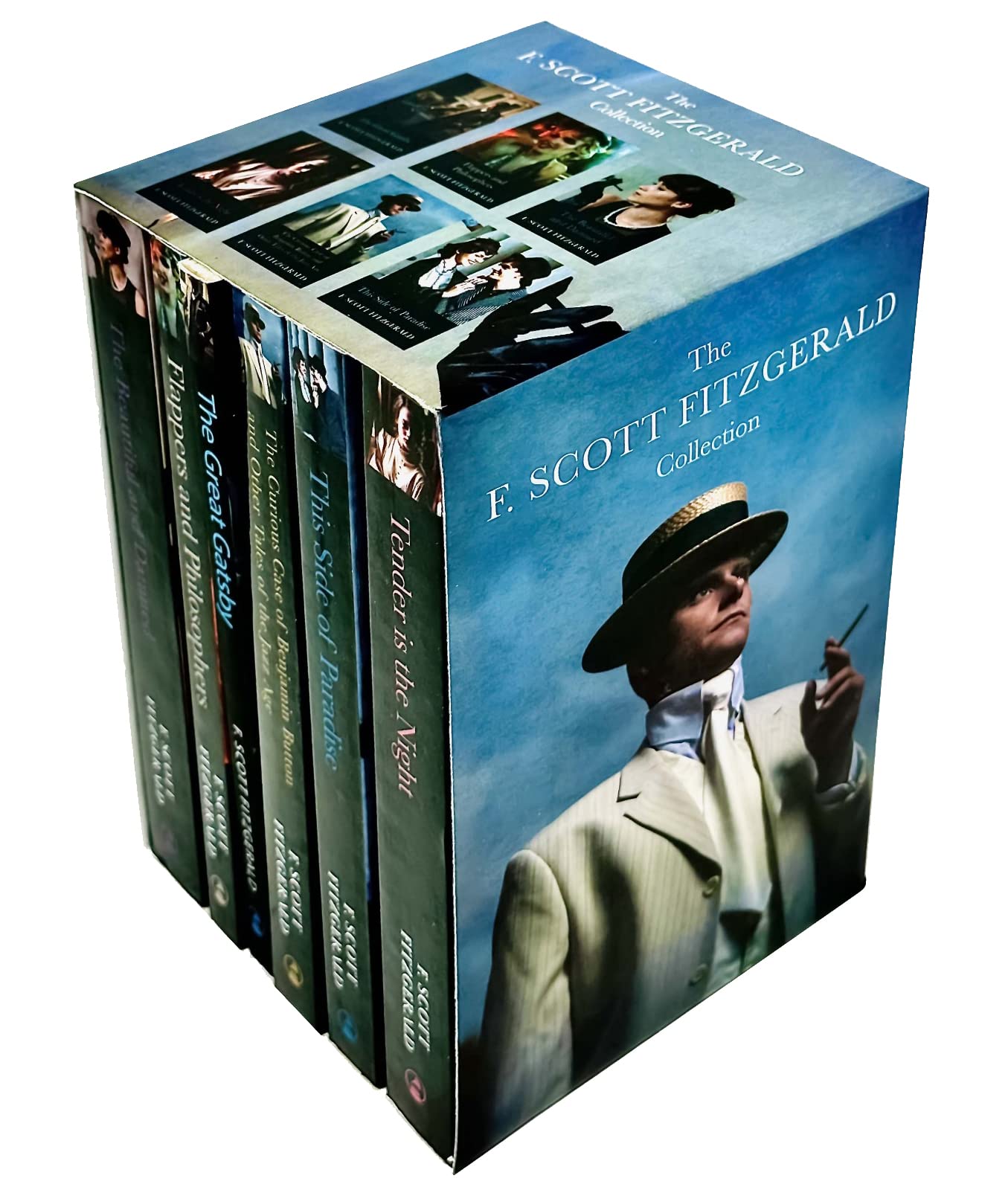 All six F. Scott Fitzgerald paperback books fanned out showing spines and covers