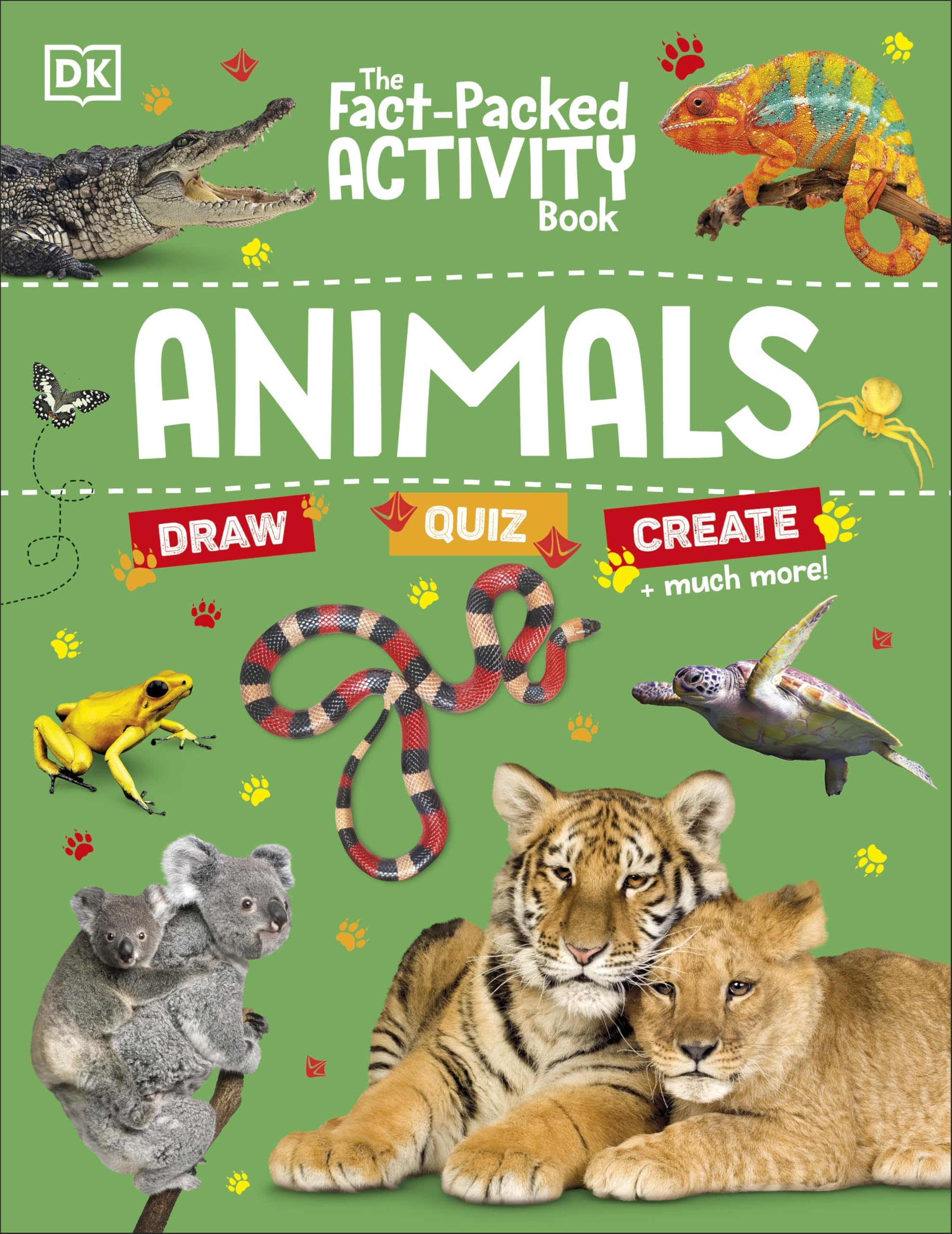 Front cover of The Fact-Packed Activity Book: Animals by DK, a paperback activity book for ages 5-9 featuring colorful wildlife photography