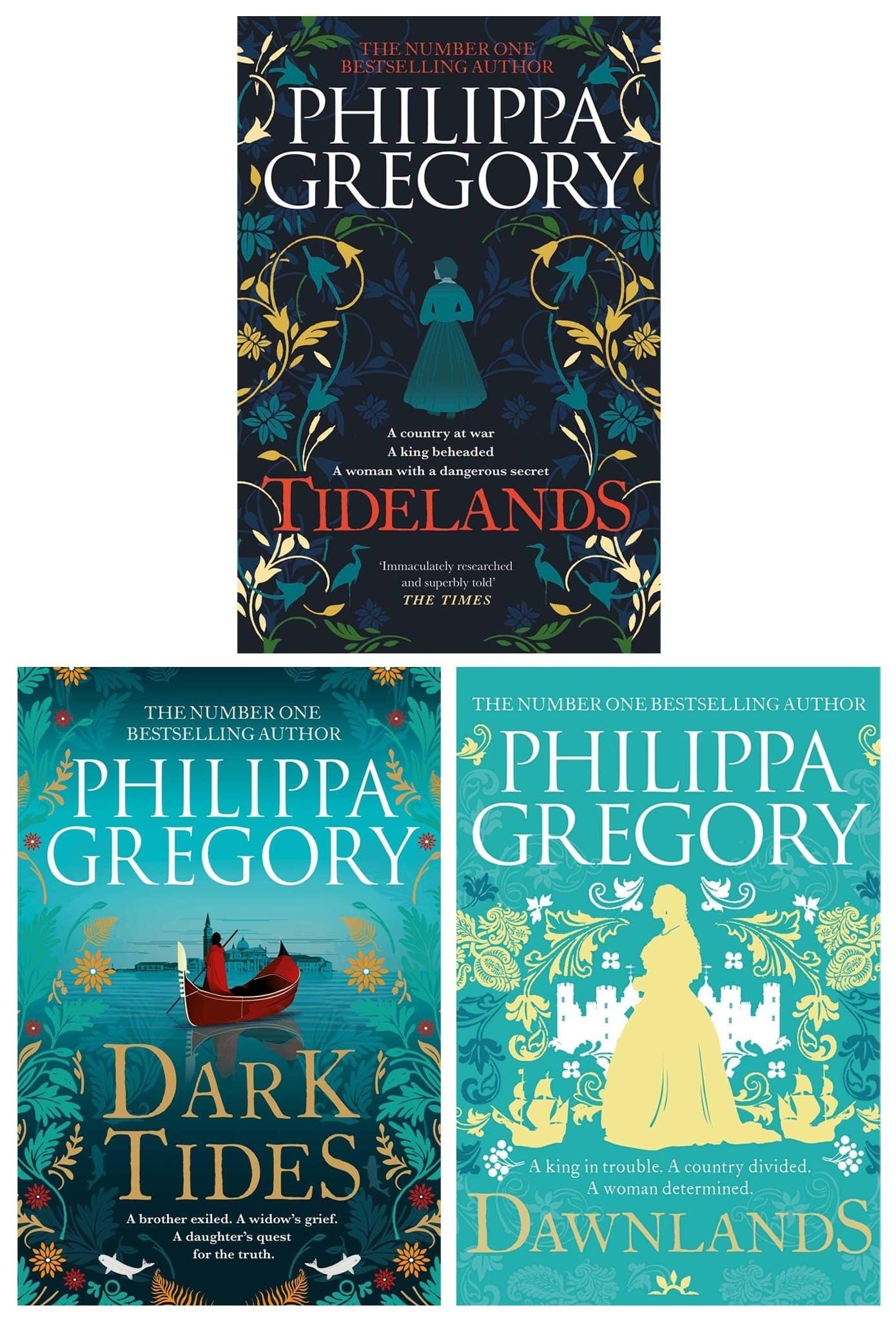 The Fairmile Series by Philippa Gregory 3-book paperback collection set featuring Tidelands, Dark Tides, and Dawnlands