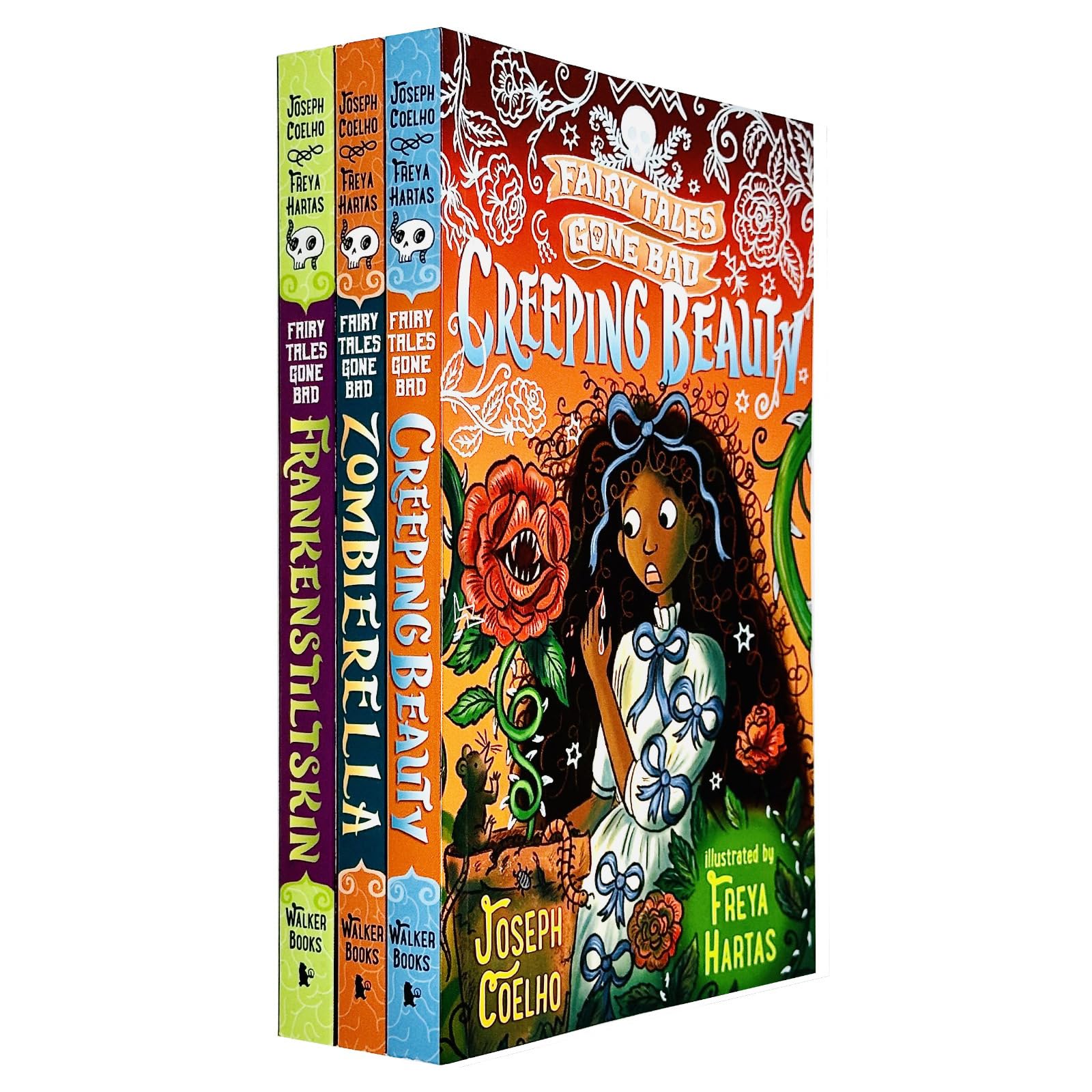 Fairy Tales Gone Bad 3 Books Collection Set by Joseph Coelho - front cover of the paperback box set showing Zombierella, Creeping Beauty, and Frankenstiltskin