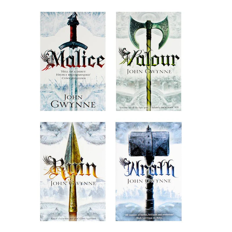 Faithful and the Fallen 4 book paperback set by John Gwynne fanned out showing all four spines and covers