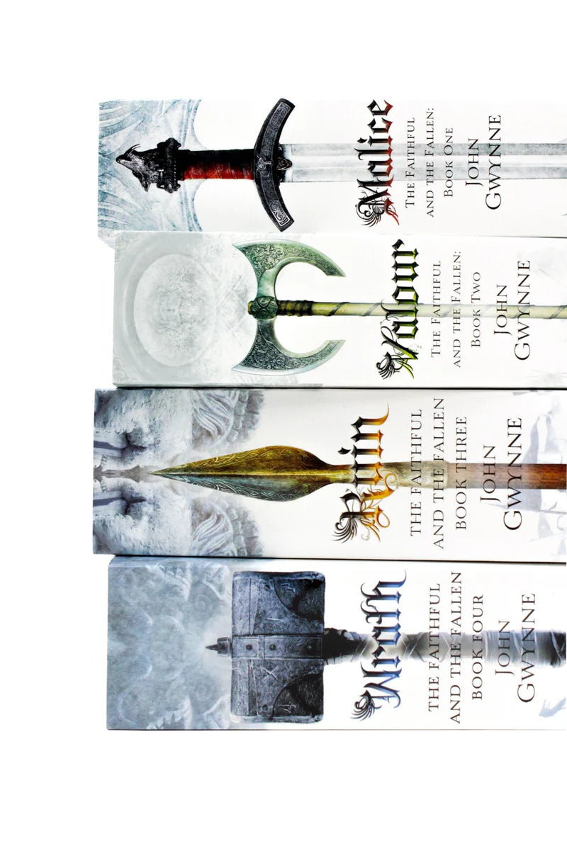 Stacked paperback set of Malice, Valour, Ruin, and Wrath by John Gwynne showing book thickness and spine design