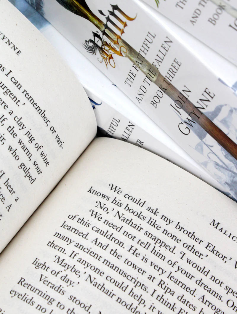 Inside page spread from John Gwynne's Faithful and the Fallen paperback collection showing the printed text layout