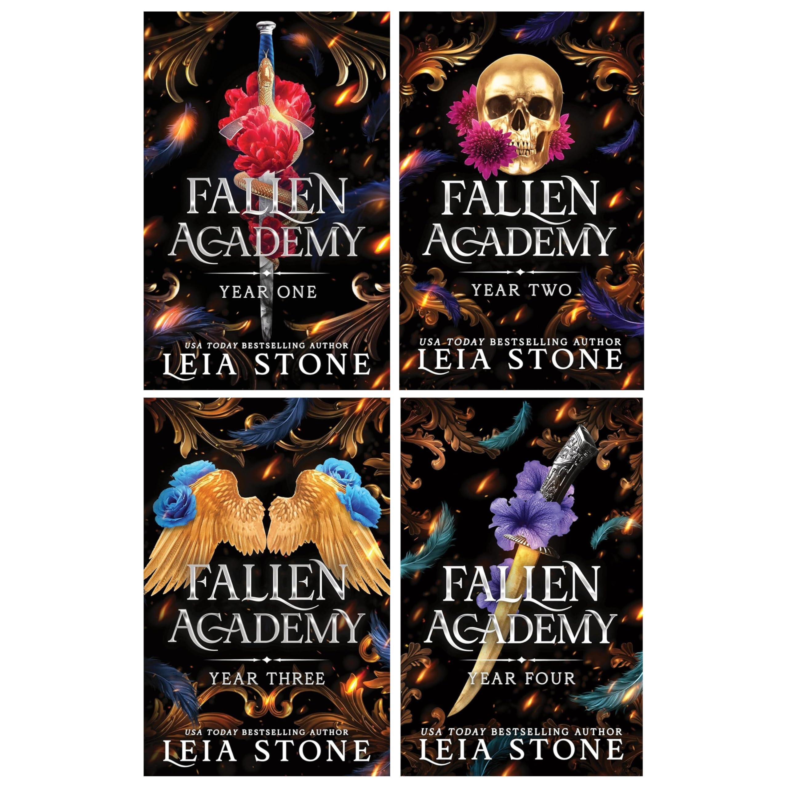 Fallen Academy Series by Leia Stone 4 Books Collection Set paperback front cover, Young Adult romantasy featuring Brielle and angel wings