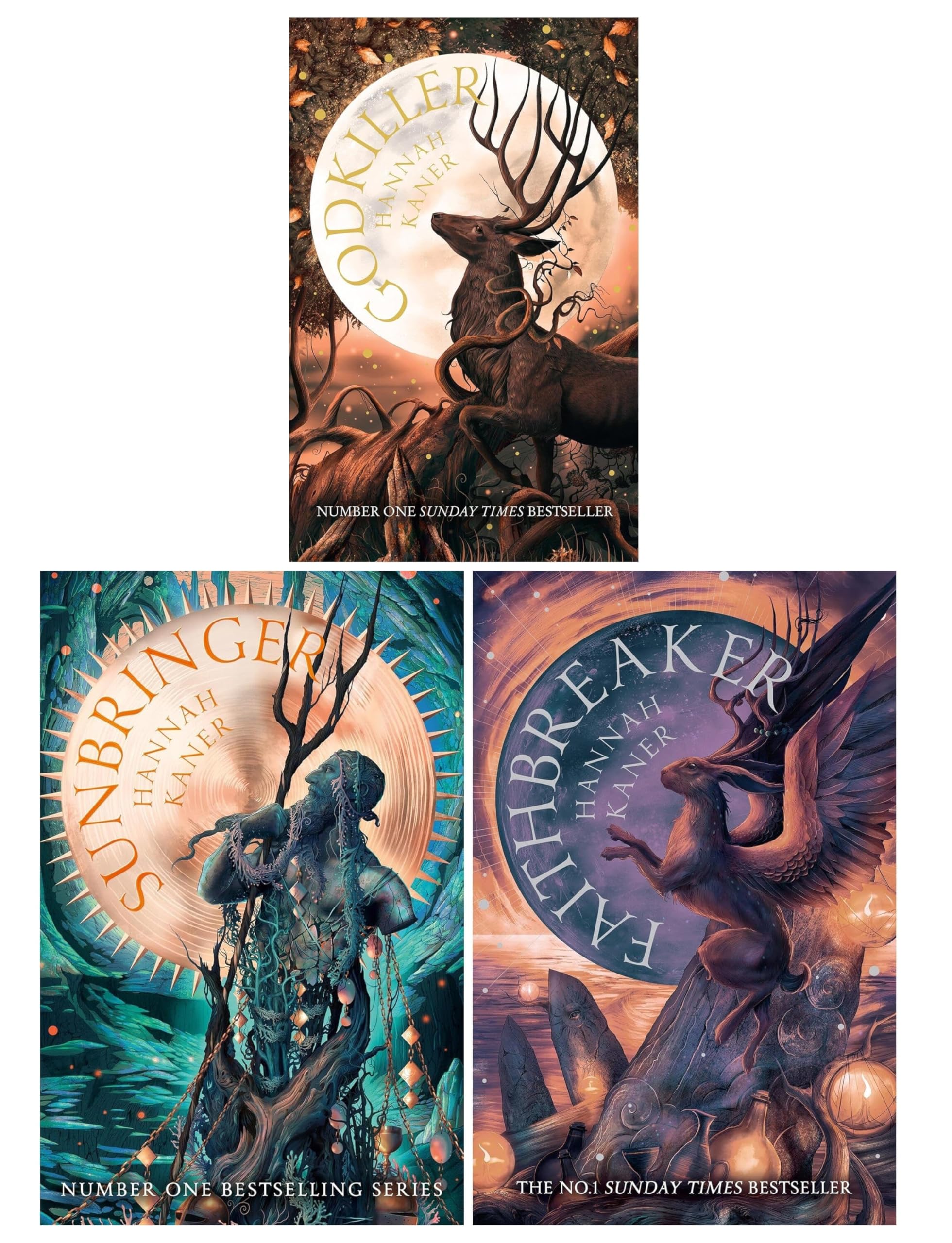 The Fallen Gods Trilogy by Hannah Kaner 3-book collection set, showing Godkiller paperback, Sunbringer hardback, and Faithbreaker hardback covers