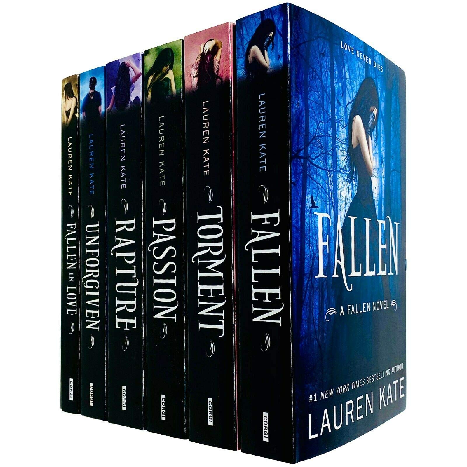 All six Fallen Series paperbacks by Lauren Kate fanned out, showing Fallen, Torment, Passion, Rapture, Unforgiven, and Fallen in Love covers