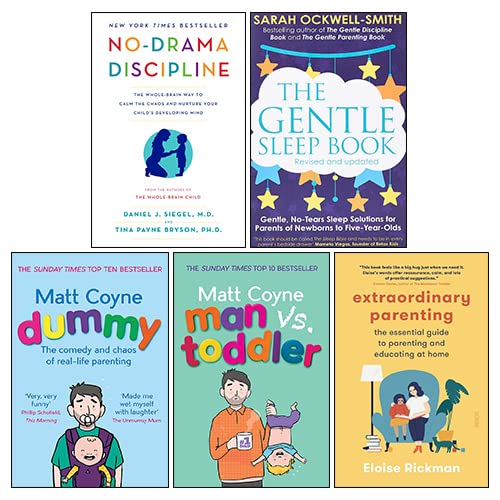 Family Life 5 Books Collection Set paperback front cover, No-Drama Discipline, The Gentle Sleep Book, Extraordinary Parenting, Man vs. Toddler, and Dummy
