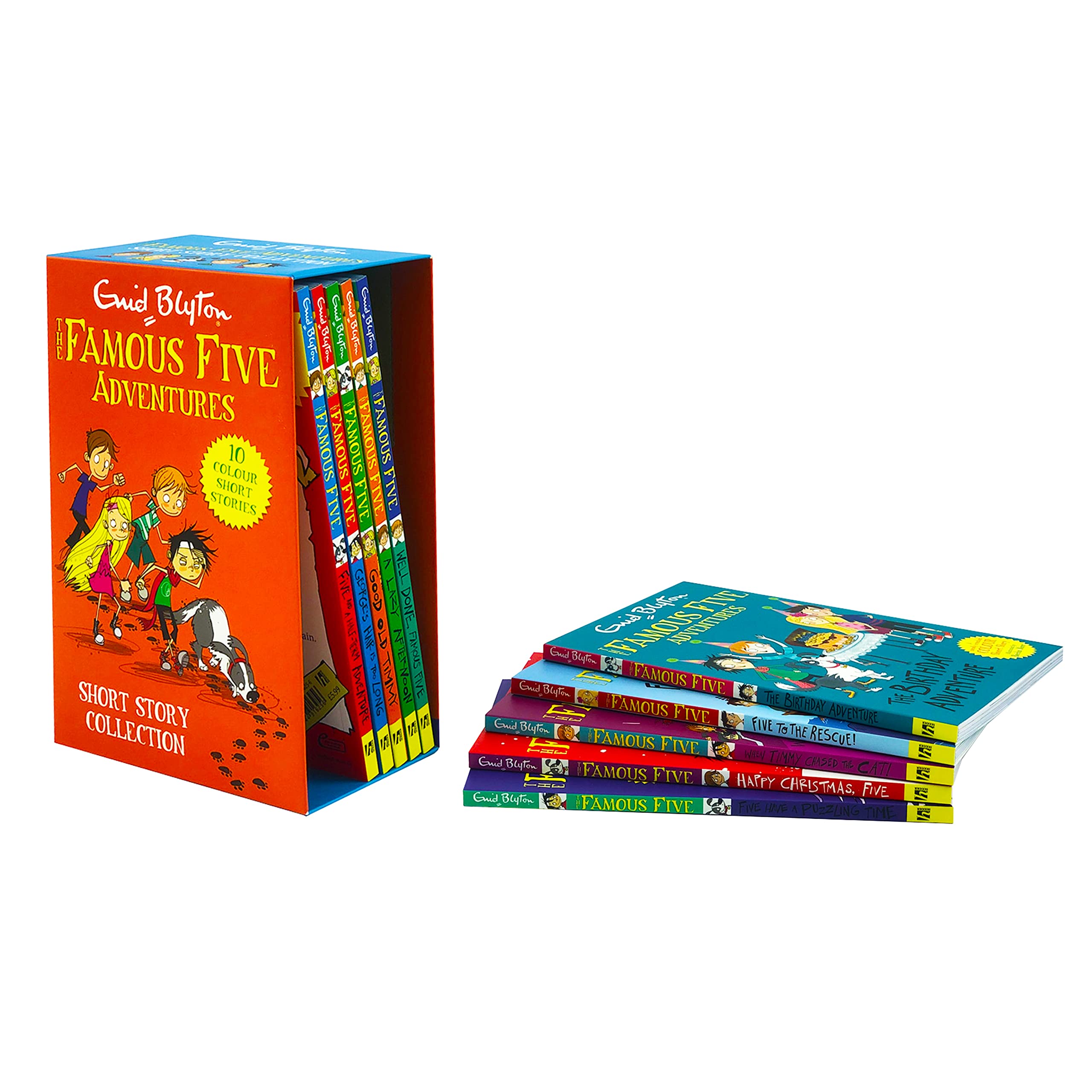 Close-up of Famous Five Adventures paperback book spines showing titles including Well Done Famous Five and Good Old Timmy