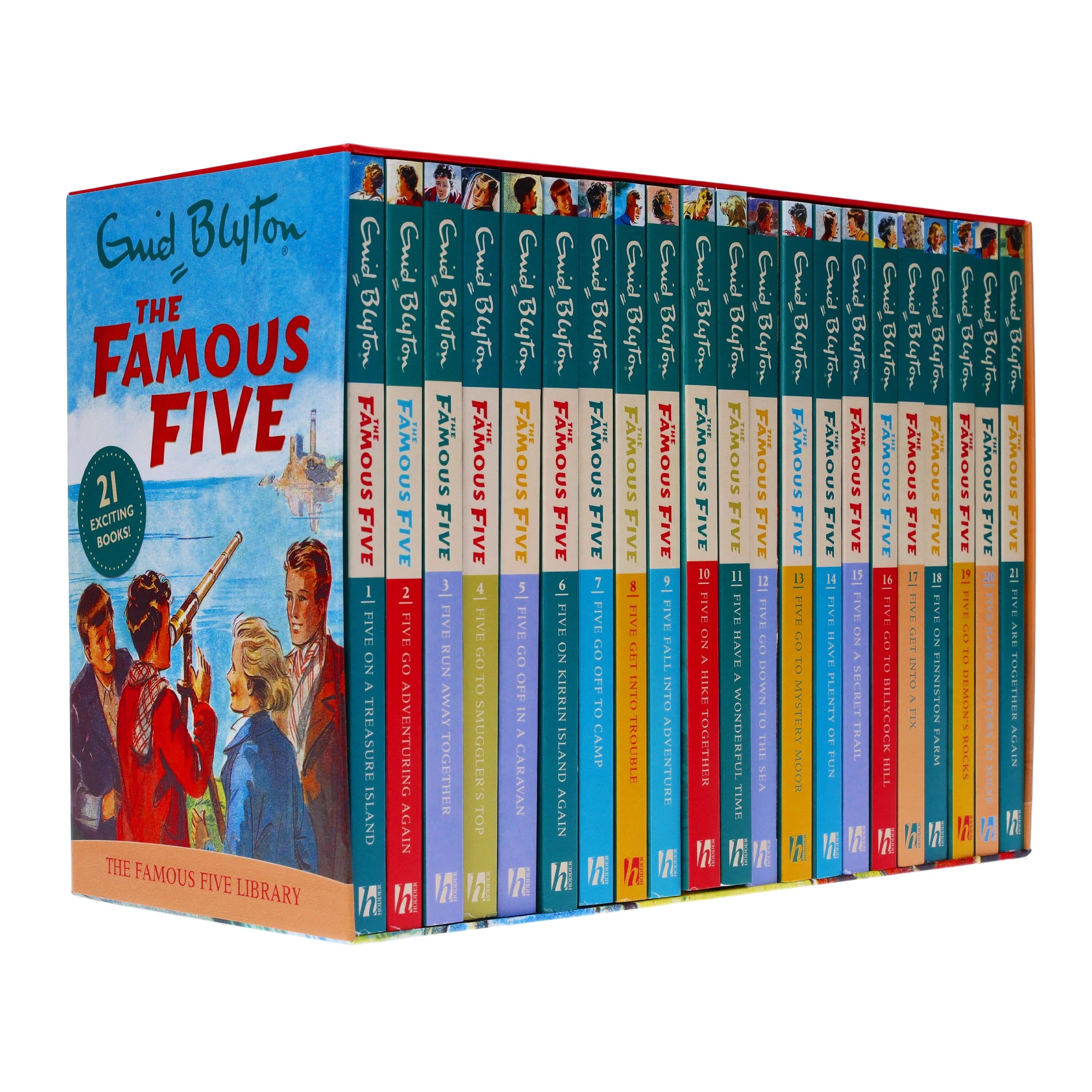 Front cover close-up of The Famous Five 21 Books Collection Set by Enid Blyton, paperback box set packaging