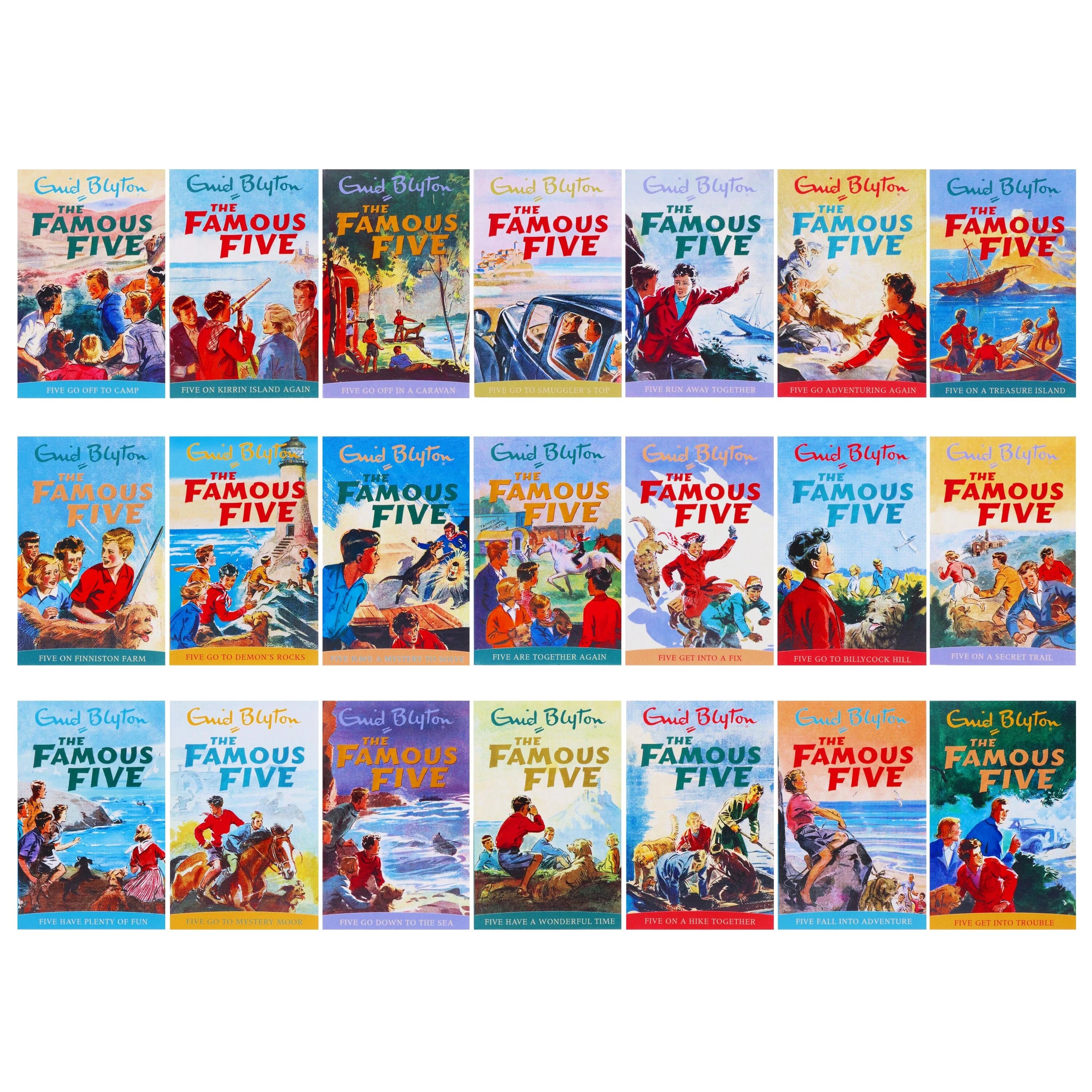 Stacked view of all 21 Famous Five paperback books by Enid Blyton showing individual spines and titles