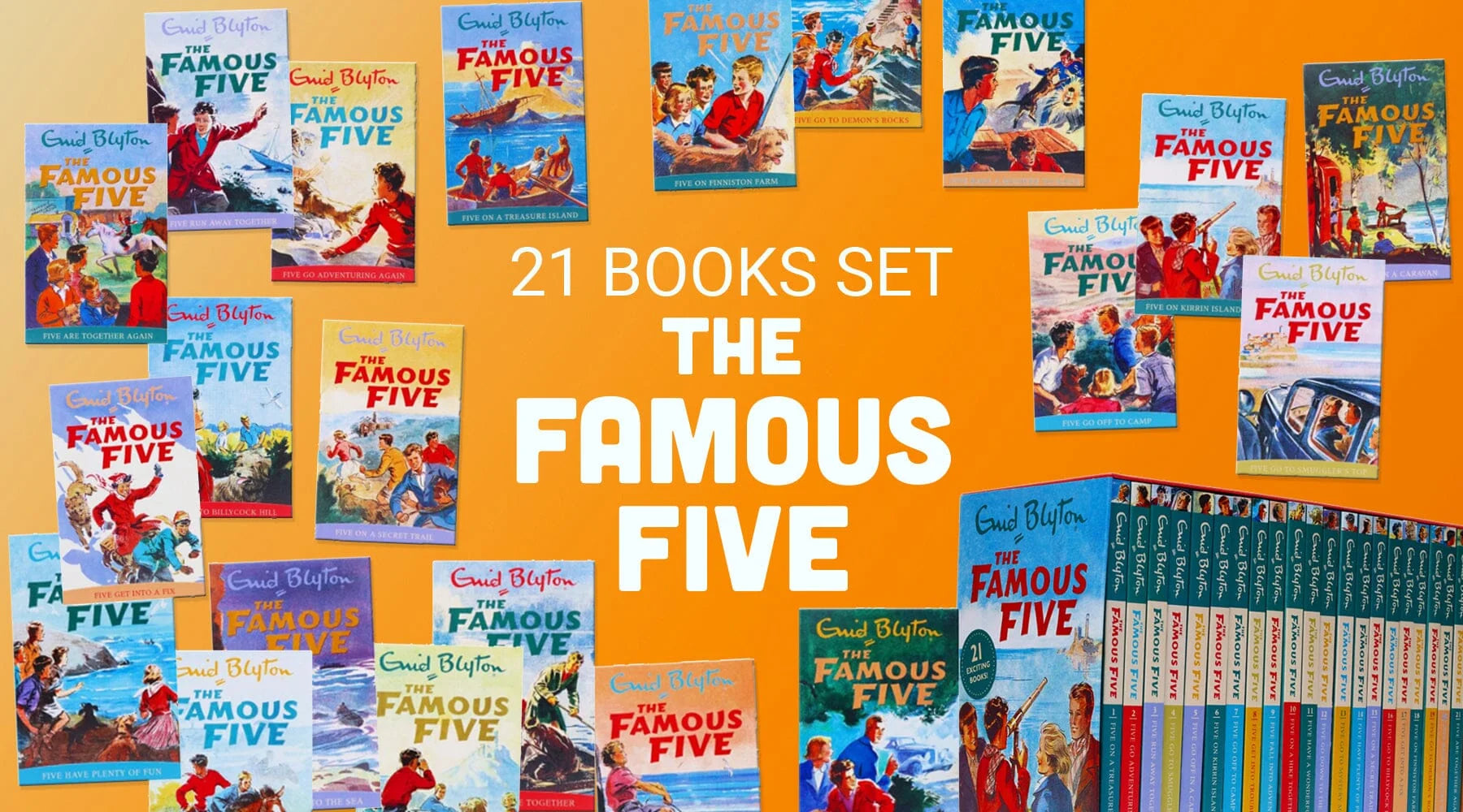 Back cover and box set slipcase detail of The Famous Five 21 Books Collection by Enid Blyton, paperback edition