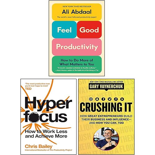 Front covers of the Feel-Good Productivity, Hyperfocus, and Crushing It! paperback 3-book set displayed together