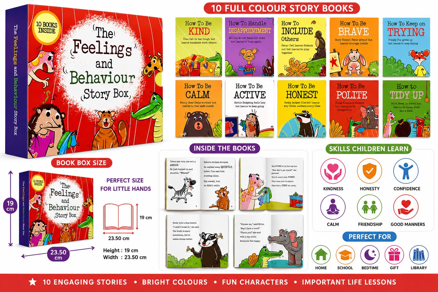 All ten Feelings and Behaviour Story Box paperback books fanned out showing individual covers