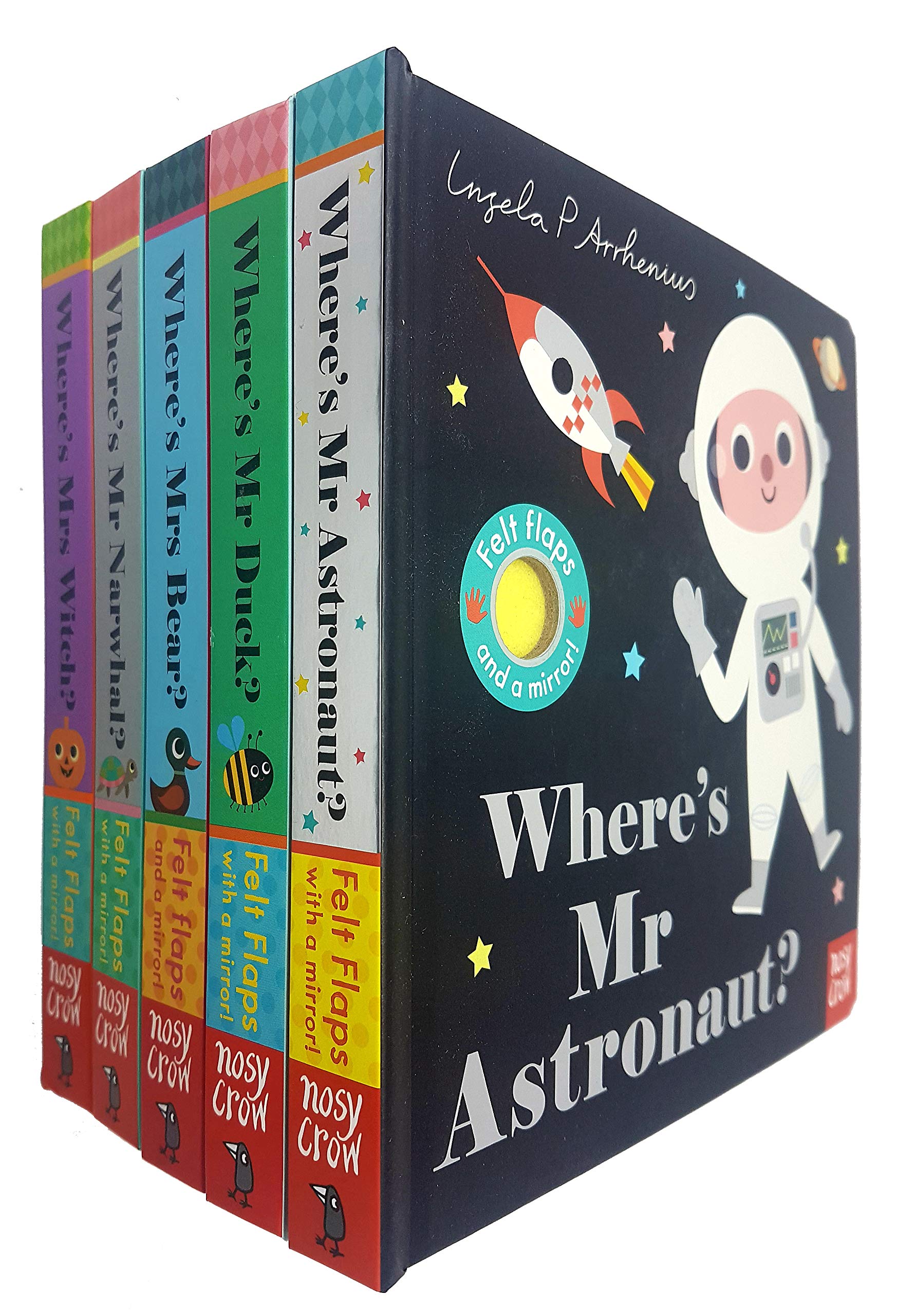 Felt Flaps 5-book board book collection by Ingela P Arrhenius including Where's Mr Duck, Mr Astronaut, Mr Narwhal, Mrs Bear, and Mrs Witch, ages 0-3.