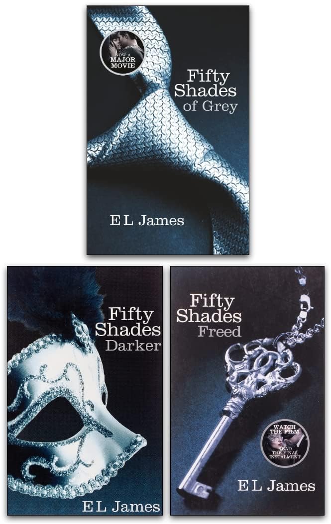 Front cover view of the Fifty Shades Trilogy 3-book paperback set by E L James, showing dark cover art and spine details.