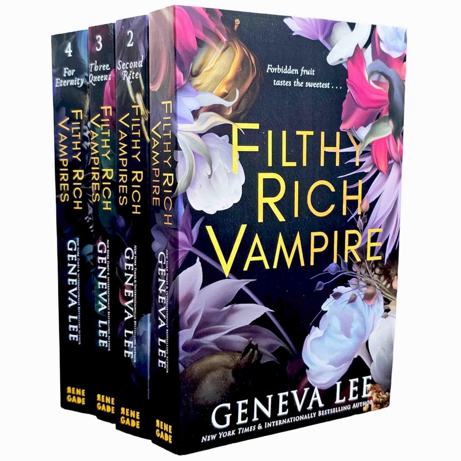 All four Filthy Rich Vampires paperback books by Geneva Lee displayed together, including Filthy Rich Vampire, Second Rite, Three Queens, and For Eternity.