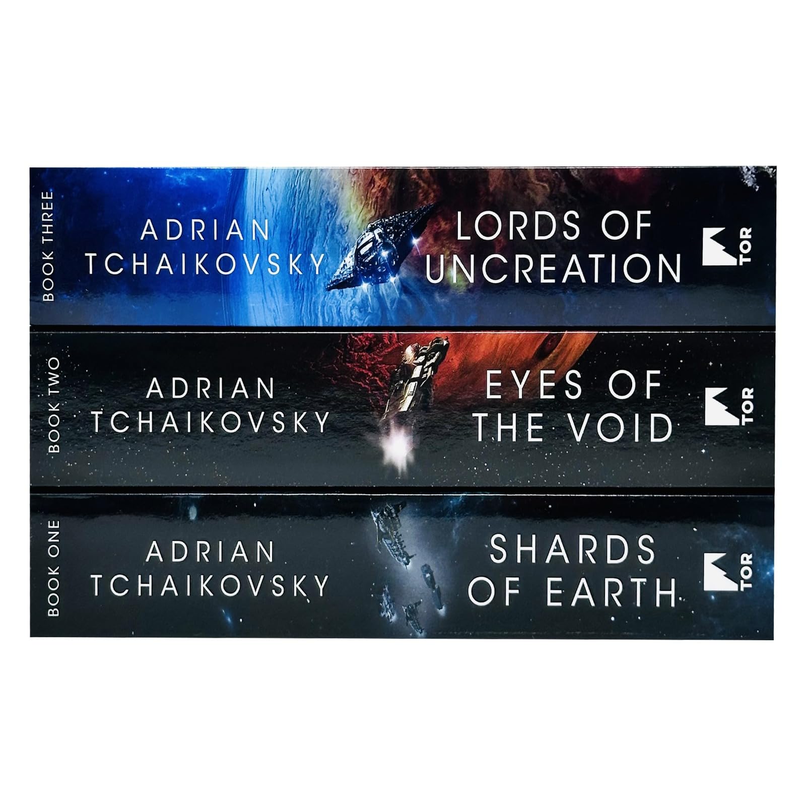 Close-up of the science fiction cover artwork on the Final Architecture paperback trilogy by Adrian Tchaikovsky
