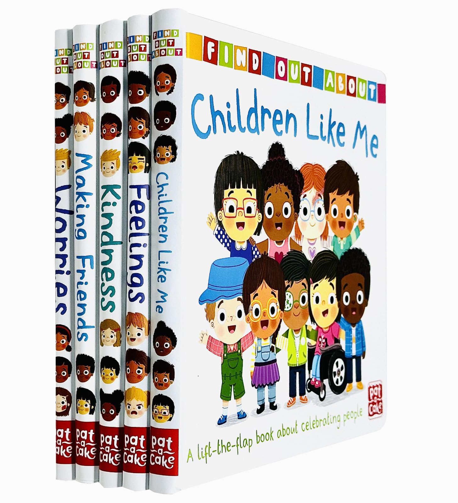 Find Out About Series by Pat-a-Cake 5 Books Collection Set board books, front covers showing Feelings, Kindness, Making Friends, Children Like Me, and Worries