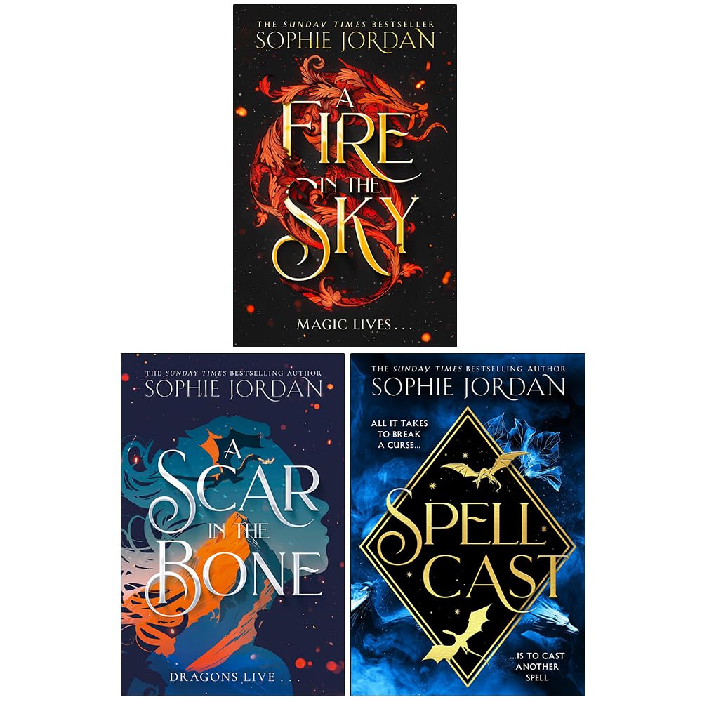 Fire in the Sky Series 3 Books Collection Set by Sophie Jordan - front covers of A Fire in the Sky, A Scar in the Bone, and Spellcast paperback trilogy