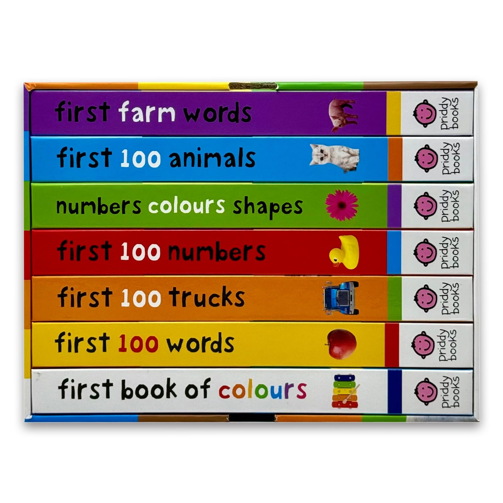 First 100 Library board book collection - all 7 titles including First 100 Words, Numbers, Colours and Animals fanned out