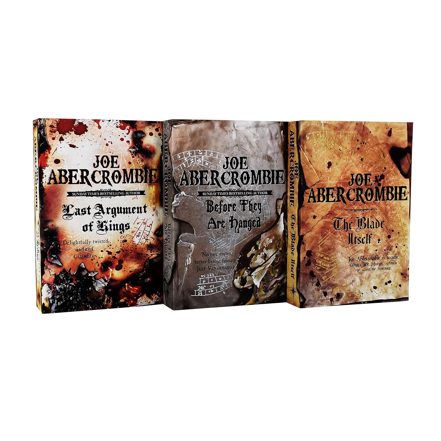 First Law Trilogy by Joe Abercrombie paperback box set front cover, 3 book fantasy collection