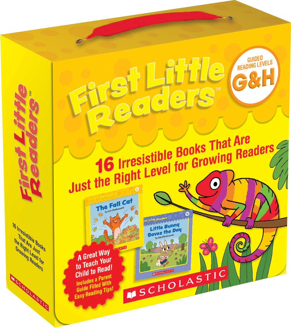First Little Readers 16-book paperback box set by Liza Charlesworth, guided reading levels G and H, for ages 5-7, shown with storage box and parent guide.