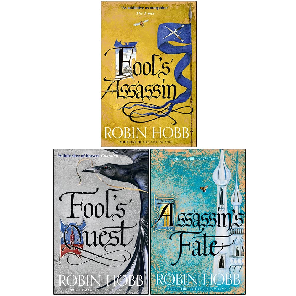 Close-up of the Fitz and the Fool Trilogy paperback covers by Robin Hobb, featuring Fitz and the Fool artwork.