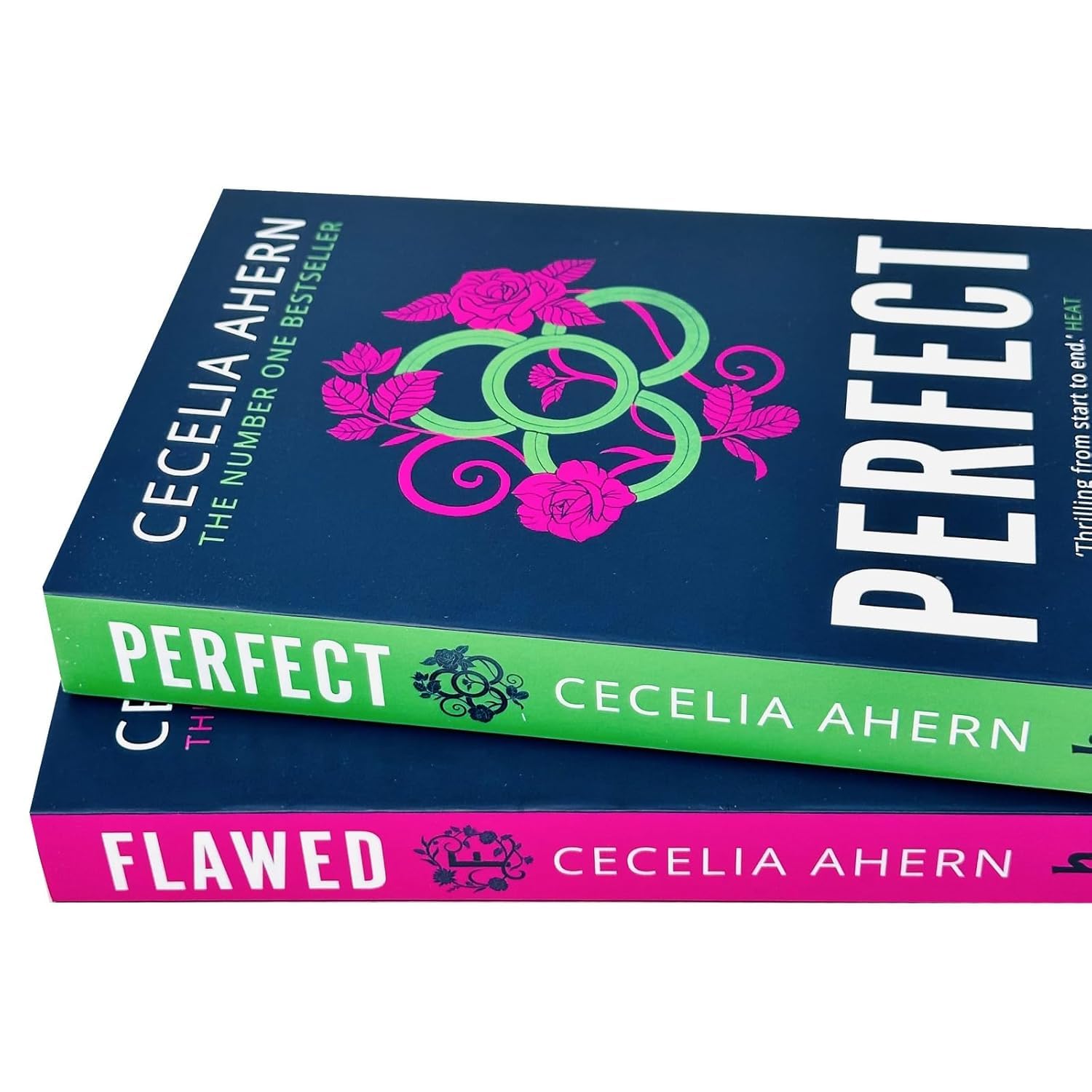 Flawed and Perfect paperback books fanned out showing both covers in the 2-book set