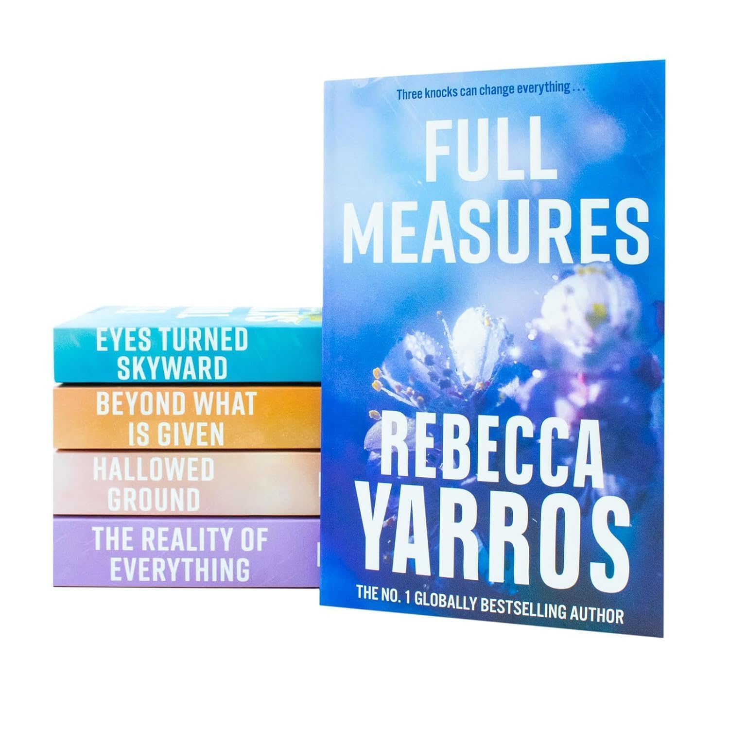 Angled shot of the Flight & Glory 5-book set by Rebecca Yarros displaying back cover blurbs