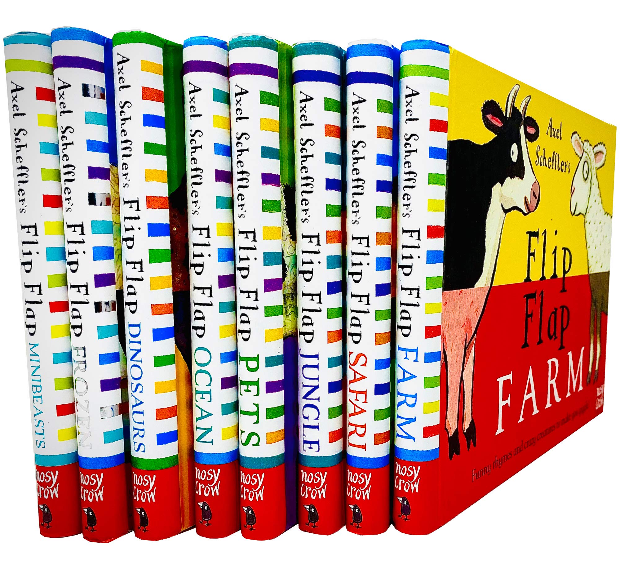 Flip Flap Series 8-book board book set fanned out showing Farm, Safari, Jungle, Ocean, Dinosaurs, Frozen, Pets, and Minibeasts covers