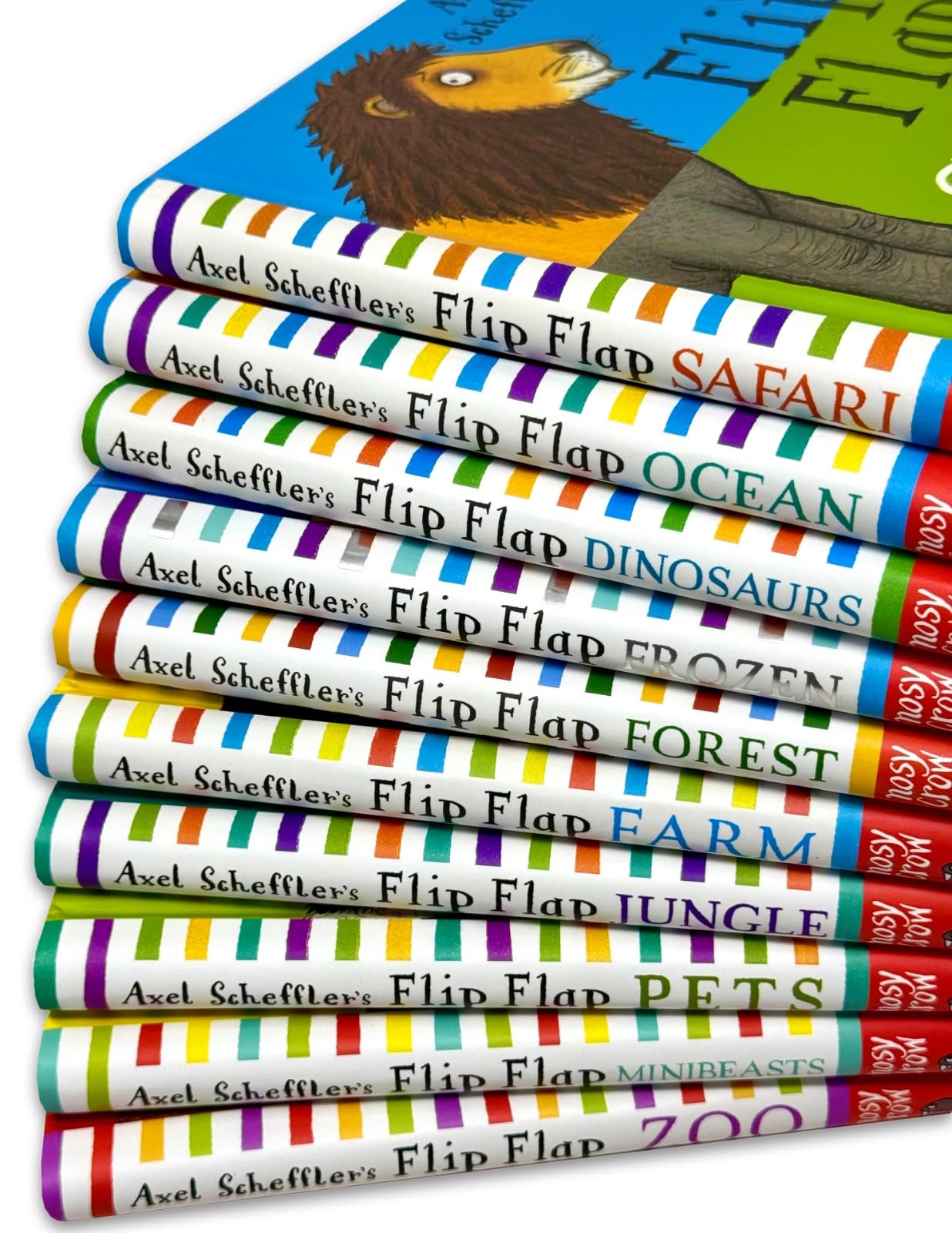 Back cover of Axel Scheffler's Flip Flap Series 10 Books Collection Set hardcover box showing mix-and-match flip-flap animal illustrations