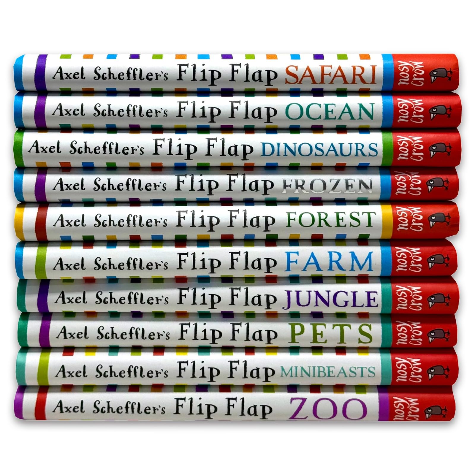 All 10 hardcover books from Axel Scheffler's Flip Flap Series fanned out, displaying Farm, Jungle, Pets, Zoo, Minibeasts, Safari, Ocean, Dinosaurs, Frozen, and Forest covers