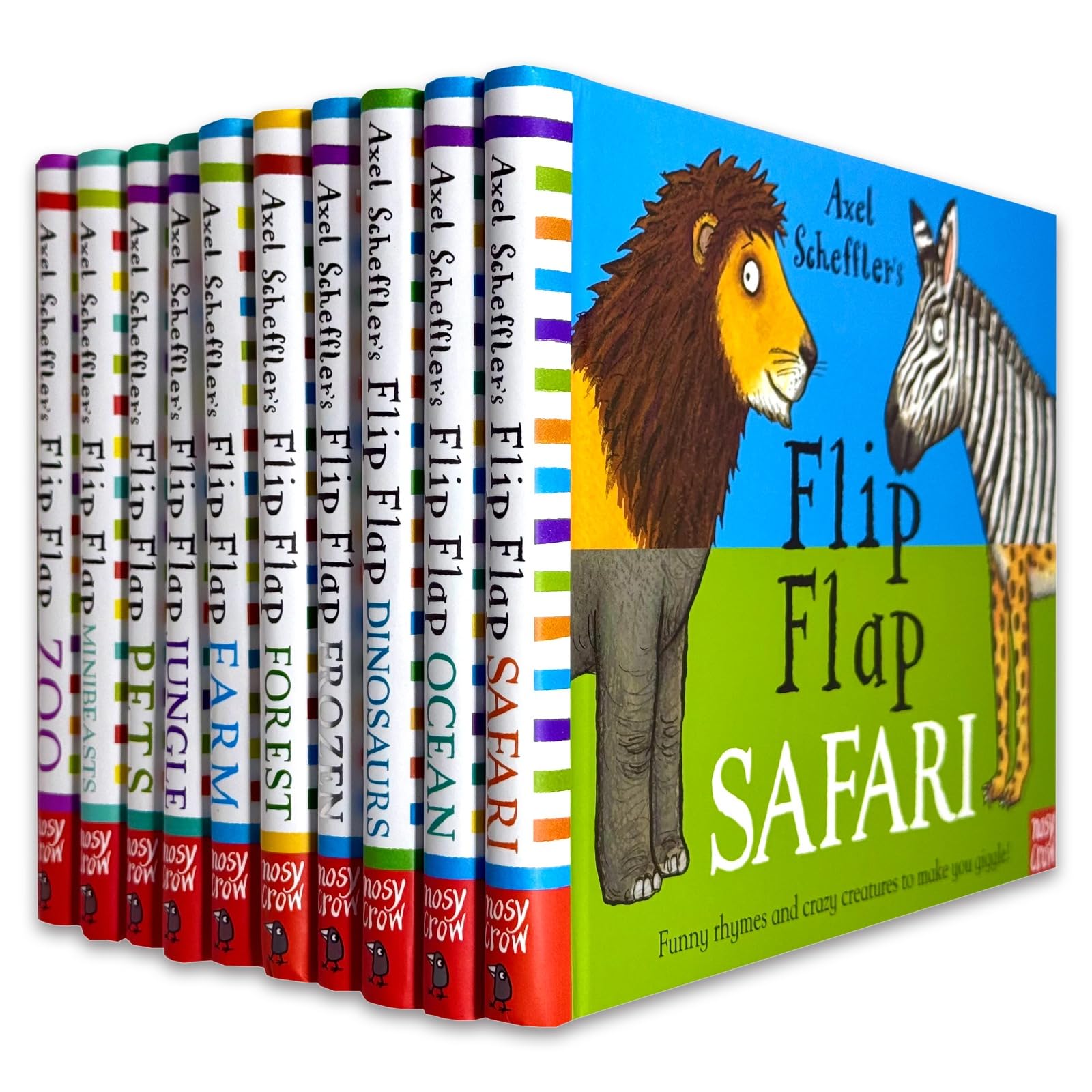 Close-up view of Axel Scheffler's Flip Flap Series 10 Books Collection Set hardcover packaging highlighting the flip-the-page animal mix-and-match design