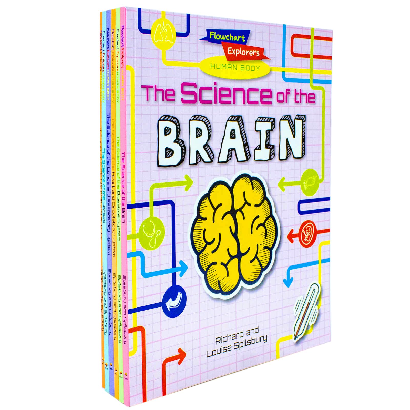 all six paperback books fanned out showing the flowchart-style cover artwork for each title