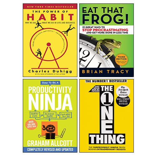 Focus Set 4 Books Collection front cover featuring The Power of Habit, Eat That Frog!, The One Thing, and How to Be a Productivity Ninja paperbacks