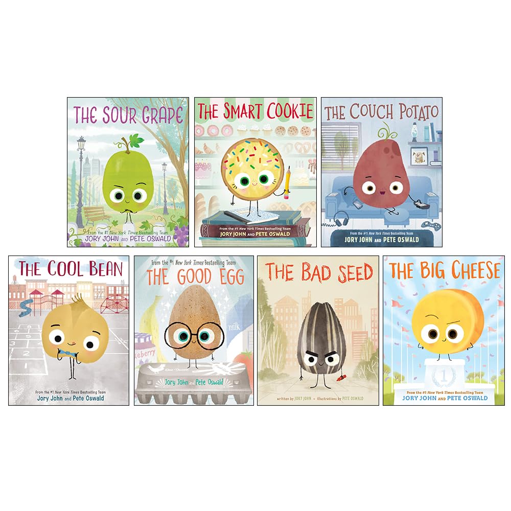 Front covers of all seven Food Group Series paperback books by Jory John, for ages 4-8.