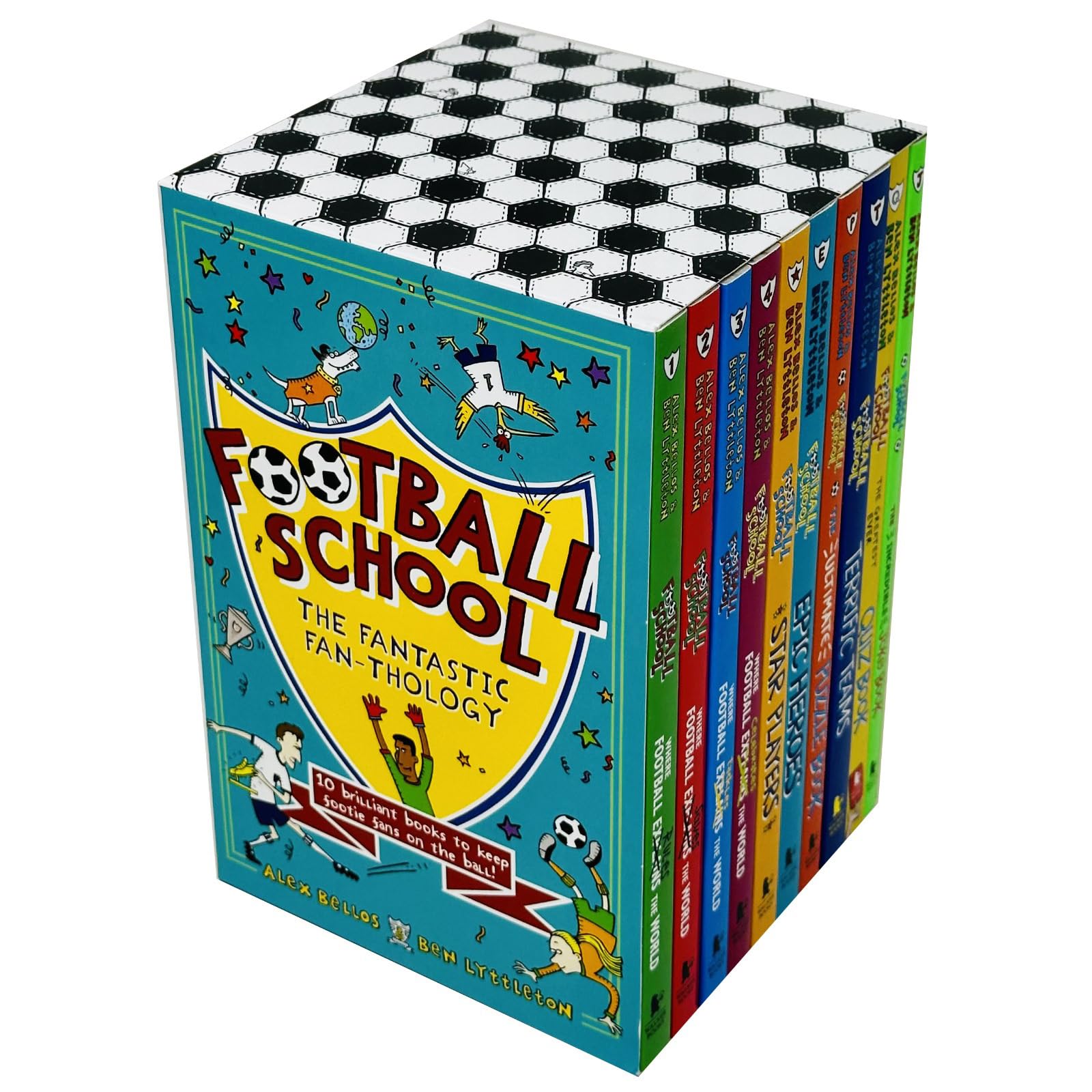 Inside page spread from a Football School paperback showing illustrated football facts and quiz questions for kids