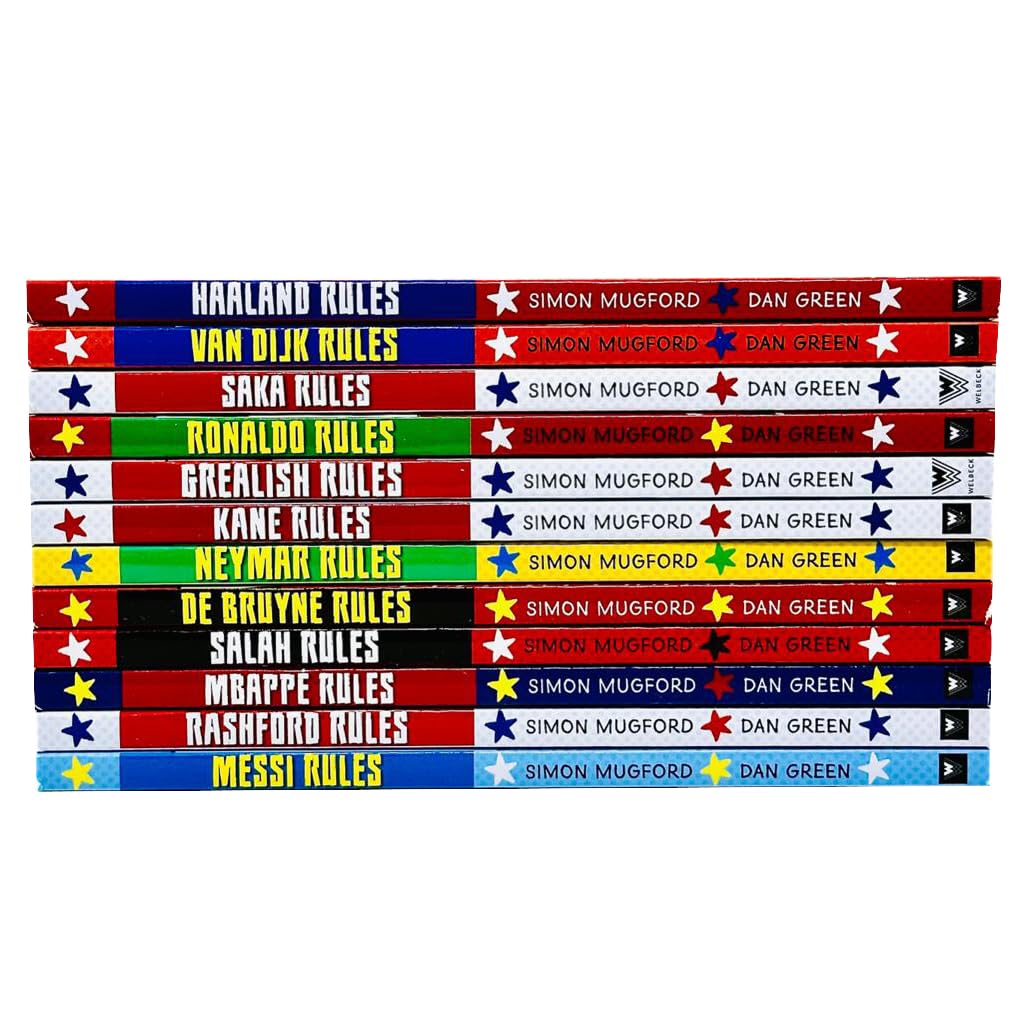 Football Superstars Rules 12 books fanned out showing all titles - Ronaldo Rules, Messi Rules, Haaland Rules, Salah Rules and more paperback covers