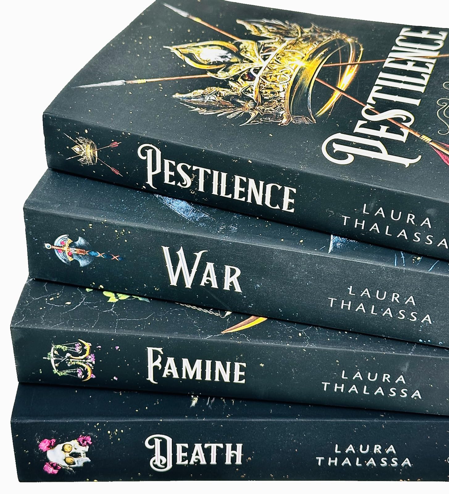 All four paperback novels of The Four Horsemen series by Laura Thalassa fanned out together