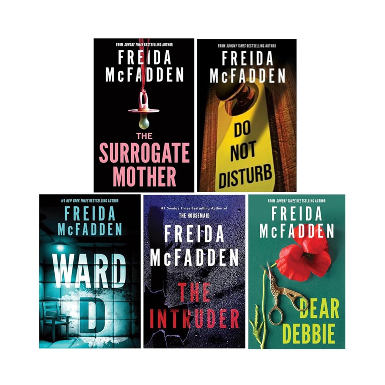 Freida McFadden Psychological Thriller Collection 5 Books paperback set featuring The Surrogate Mother, Do Not Disturb, Ward D, The Intruder, and Dear Debbie