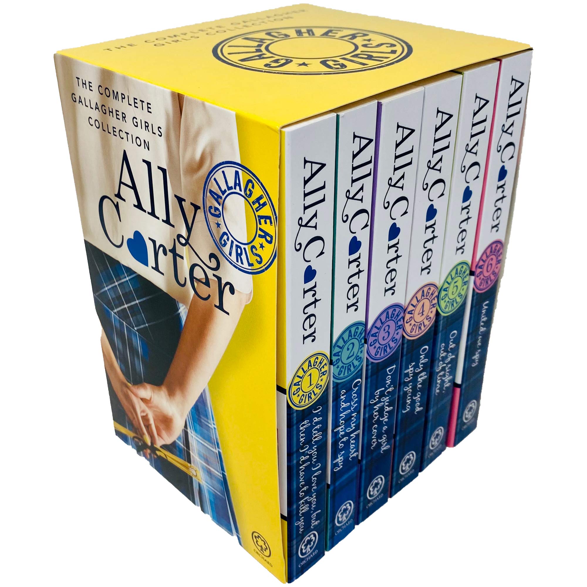 All six Gallagher Girls paperback books by Ally Carter fanned out showing individual covers