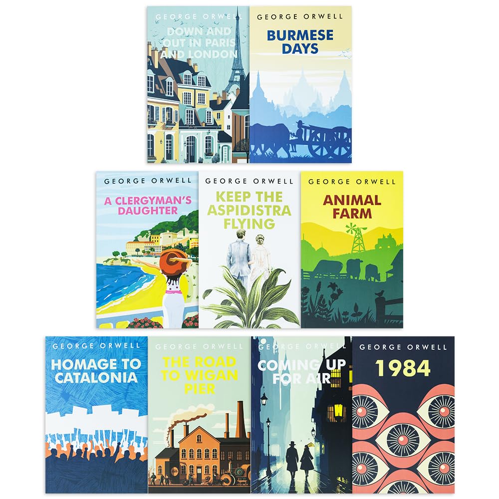 Back cover of the George Orwell 9-book paperback set showing title list and synopsis